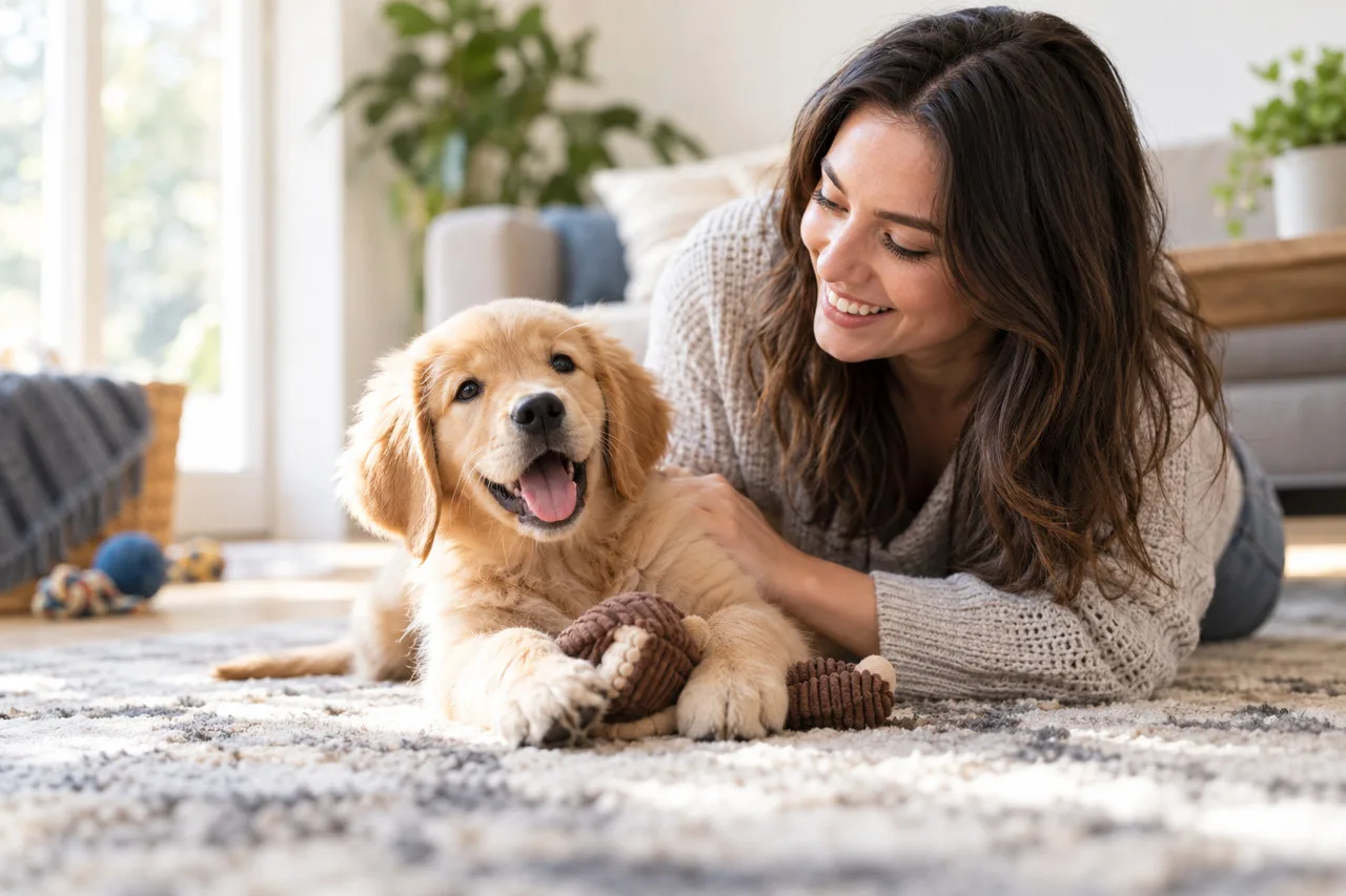 Owner lying on a rug beside a young dog