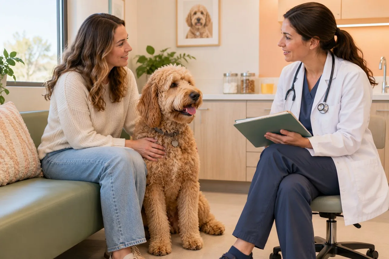 Owner and veterinarian discussing a folder beside an apricot curly-coated dog
